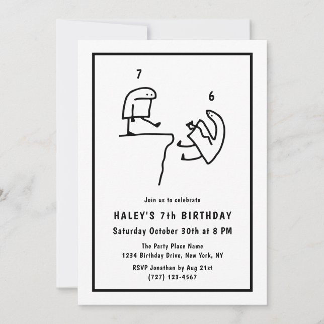 Funny Meme Humour Simple Black White 7th Birthday Invitation (Front)