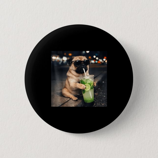 Funny meme pug drinking mojito lime mint  6 cm round badge (Front)