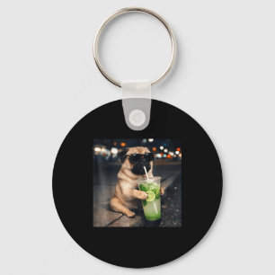 Funny meme pug drinking mojito lime mint key ring