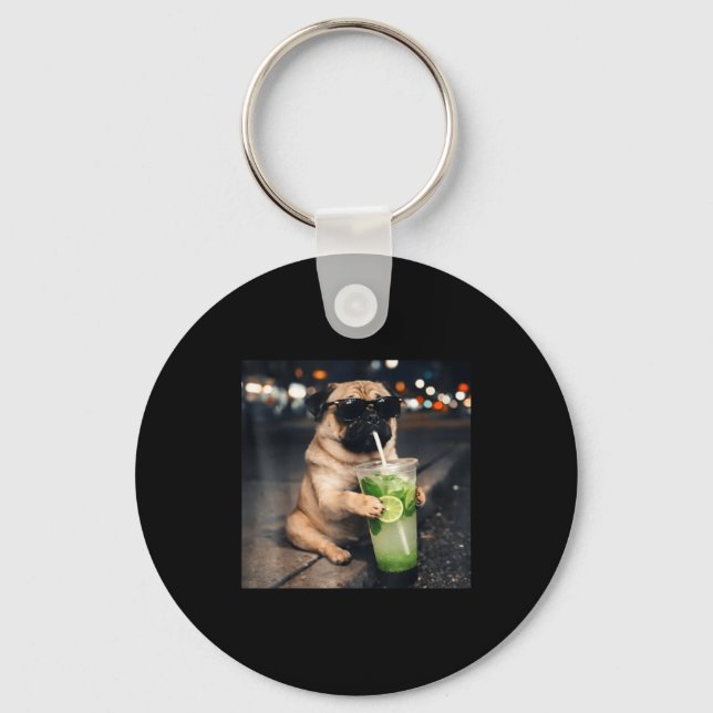 Funny meme pug drinking mojito lime mint  key ring (Front)
