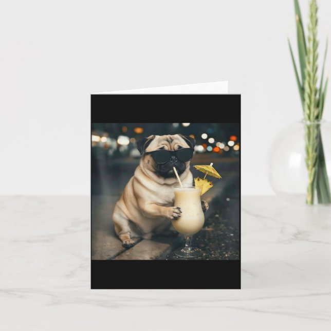 Funny meme pug drinking pina colada  card (Front)