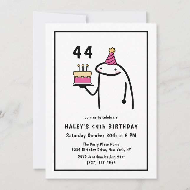 Funny Meme Simple Black & White 44th Birthday Invitation (Front)