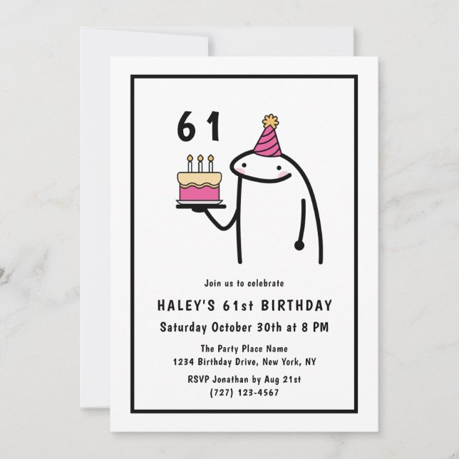 Funny Meme Simple Black & White 61st Birthday Invitation (Front)