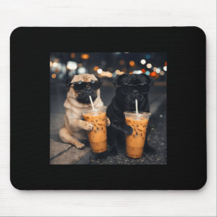Funny meme two pugs drinking iced coffee mouse mat