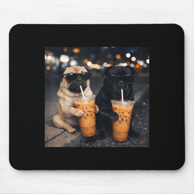 Funny meme two pugs drinking iced coffee  mouse mat (Front)
