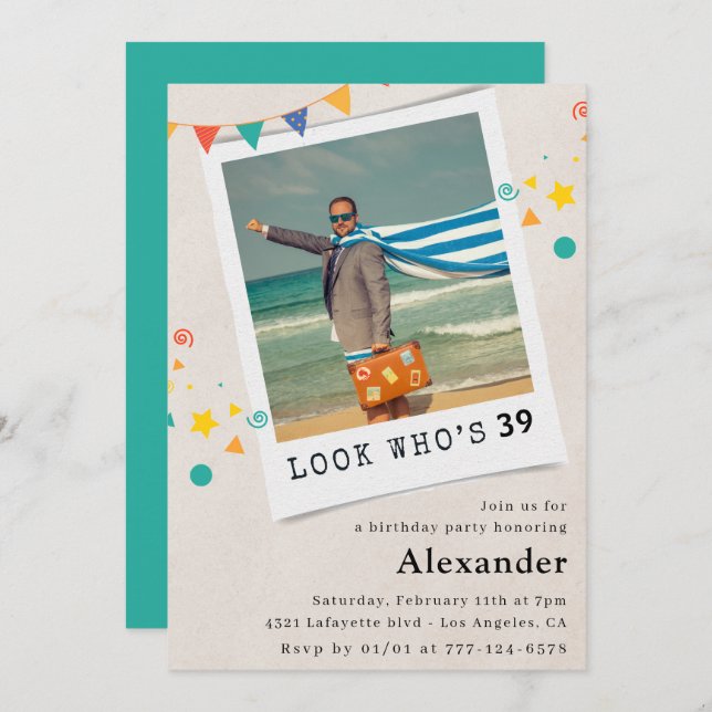 Funny Men 39th birthday invitations Fun Photo (Front/Back)