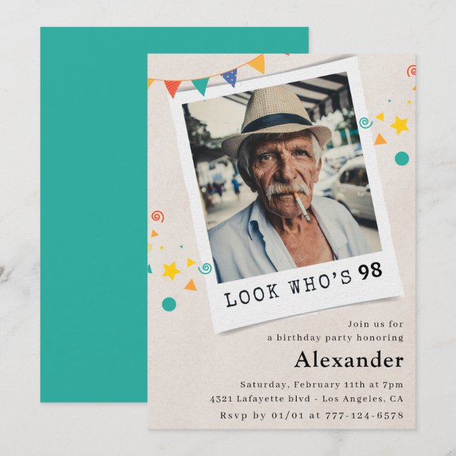 Funny Men 98th birthday invitations Fun Photo (Front/Back)