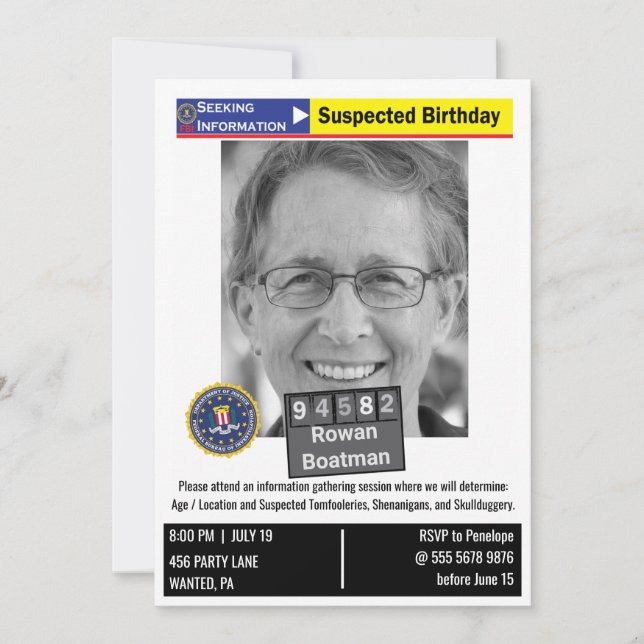 Funny Mens Birthday Humourous Police Mugshot Joke  Invitation (Front)