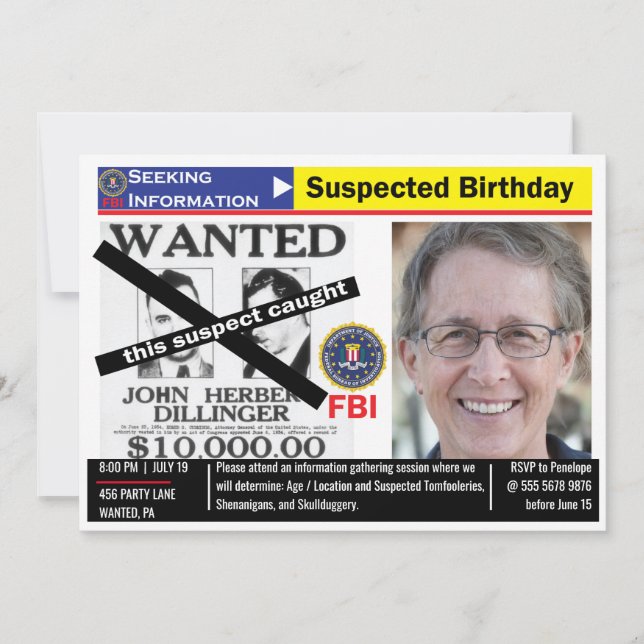 Funny Mens Birthday Seeking Suspect Information Invitation (Front)