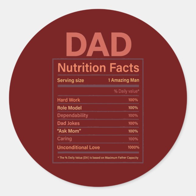Funny Men's Father's Day Dad Nutrition Facts Classic Round Sticker (Front)