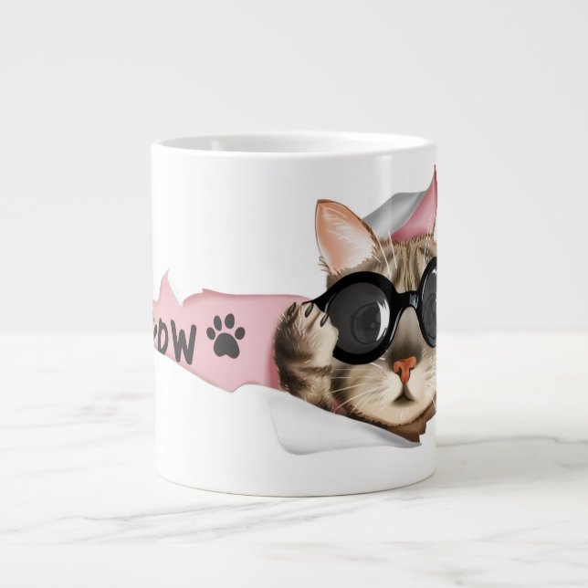 Funny “Meow” Cat with Glasses Design Large Coffee Mug (Front)