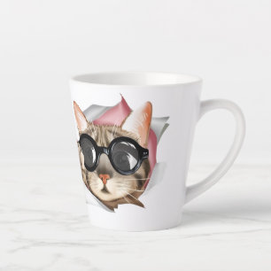Funny “Meow” Cat with Glasses Design Latte Mug