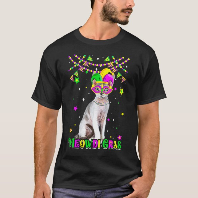 Funny Meowdi Gras Devon Rex Cat Mardi Gras Carniva T-Shirt (Front)