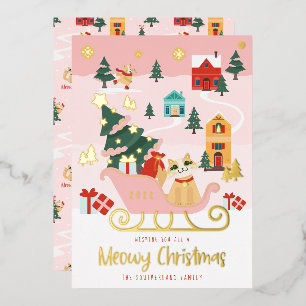 Funny Meowy Cat Christmas Sleigh Winter Village  Foil Holiday Card