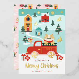 Funny Meowy Cat & Red Truck Winter Town Scene Foil Holiday Card