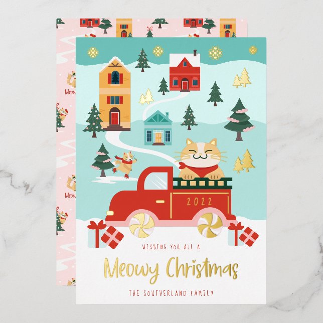 Funny Meowy Cat & Red Truck Winter Town Scene Foil Holiday Card (Front/Back)