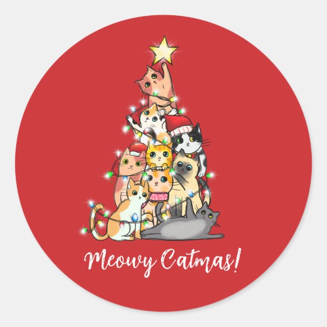 Funny Meowy Catmas Cats Christmas Tree Classic Round Sticker (Front)