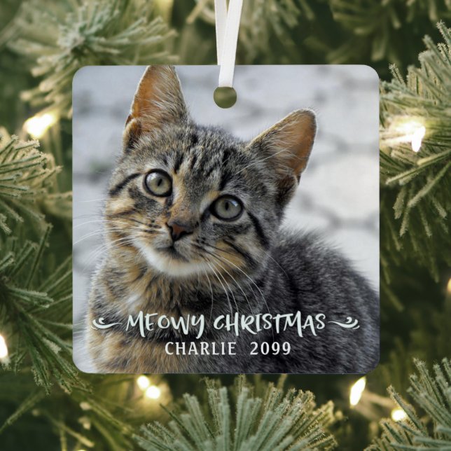Funny MEOWY CHRISTMAS Cat Name 2 Photo  Metal Tree Decoration (Insitu)