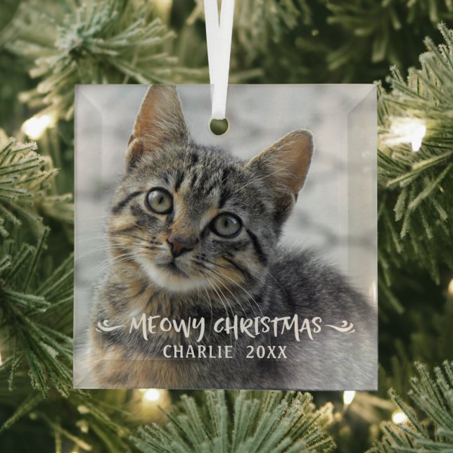 Funny MEOWY CHRISTMAS Cat Photo Glass Tree Decoration (Insitu)