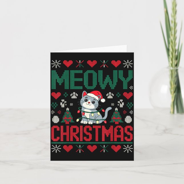 Funny Meowy Christmas Ugly Xmas Cute Lights Cat Sa Card (Front)