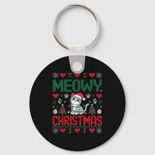 Funny Meowy Christmas Ugly Xmas Cute Lights Cat Sa Key Ring