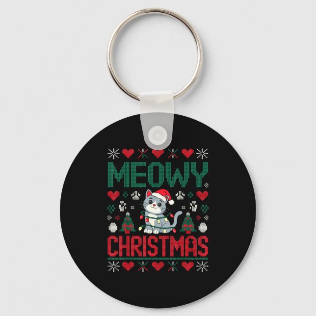 Funny Meowy Christmas Ugly Xmas Cute Lights Cat Sa Key Ring (Front)