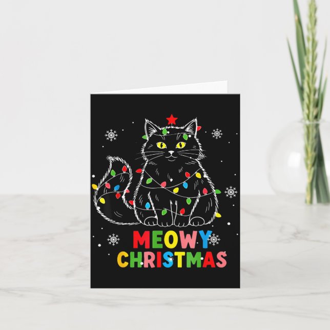 Funny Meowy Christmas Xmas Lights Black Cat Pajama Card (Front)