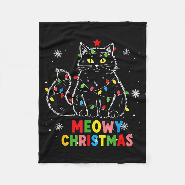 Funny Meowy Christmas Xmas Lights Black Cat Pajama Fleece Blanket (Front)