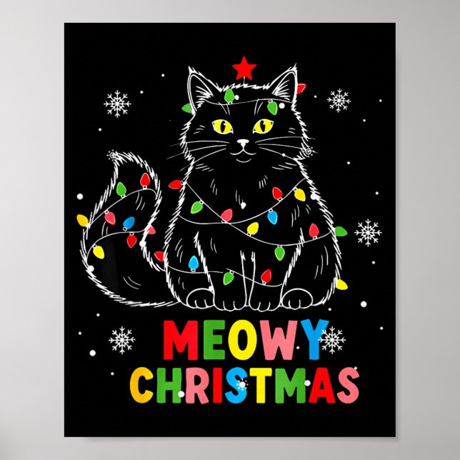Funny Meowy Christmas Xmas Lights Black Cat Pajama Poster (Front)