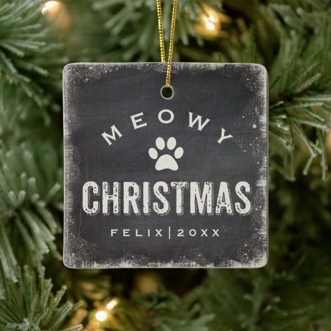 Funny Meowy Merry Christmas Cat Photo Name Custom Ceramic Tree Decoration (Tree)