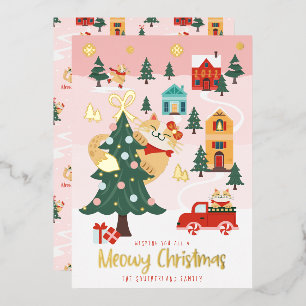 Funny Meowy Peeking Cat Christmas Winter Village  Foil Holiday Card