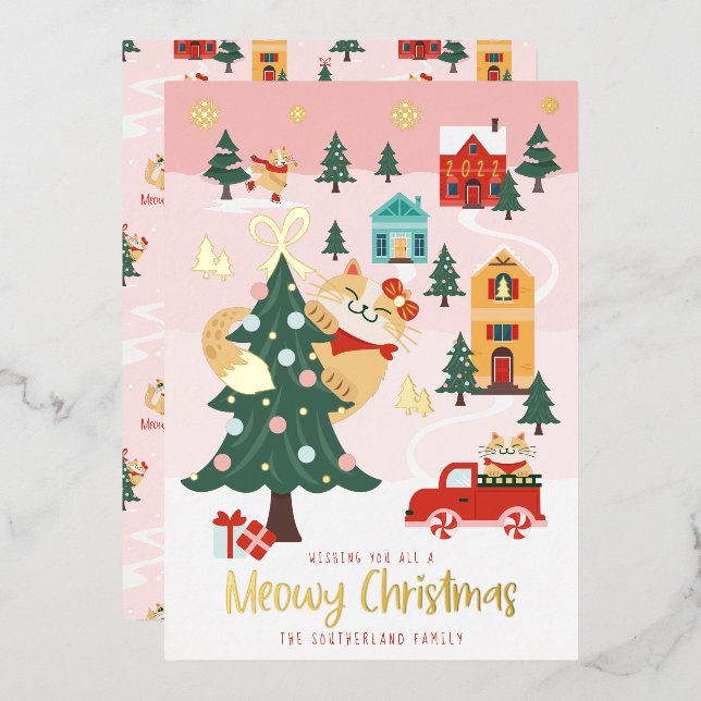 Funny Meowy Peeking Cat Christmas Winter Village  Foil Holiday Card (Front/Back)