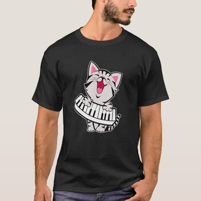 Funny Meowzart Cat Pun Classical Music Piano Keybo T-Shirt (Front)