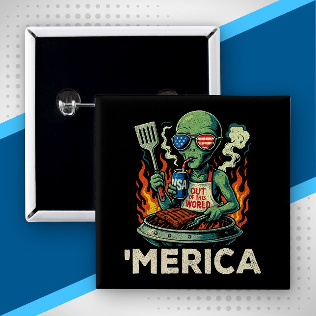 Funny ’Merica Alien BBQ Grilling Patriotic Retro 15 Cm Square Badge (Creator Uploaded)
