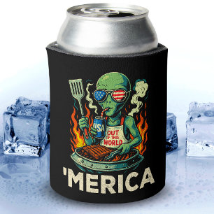 Funny ’Merica Alien BBQ Grilling Patriotic Retro Can Cooler