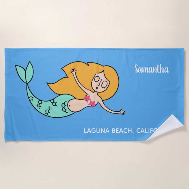 Funny Mermaid custom name, location & colour Beach Towel (Front)