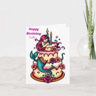 FUNNY MERMAID THEMED KIDS BIRTHDAY CAKE CARD