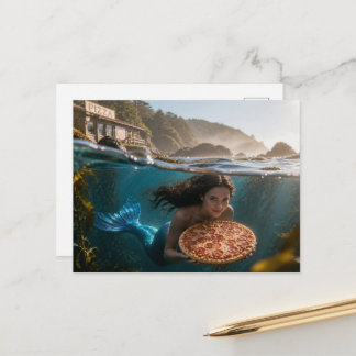 Funny Mermaid With a Pizza Postcard