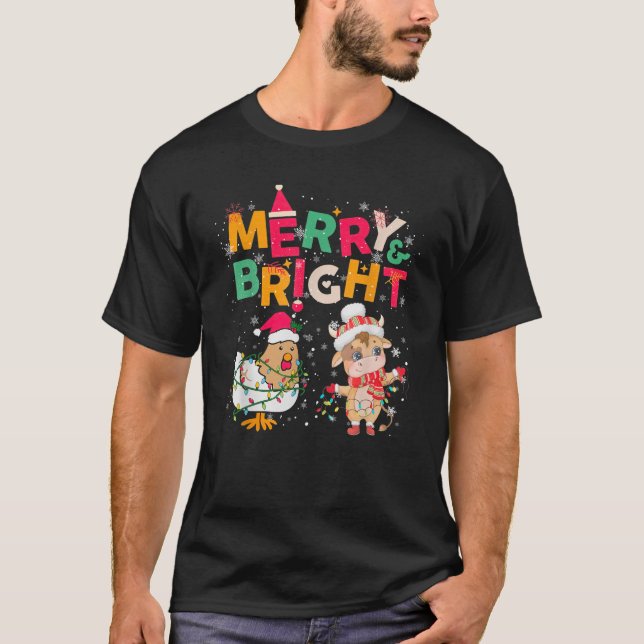 Funny Merry and Bright Christmas Lights Farm Anima T-Shirt (Front)