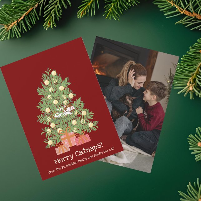 Funny Merry Catnaps! Cat on Chistmas Tree  Holiday Card (Creator Uploaded)