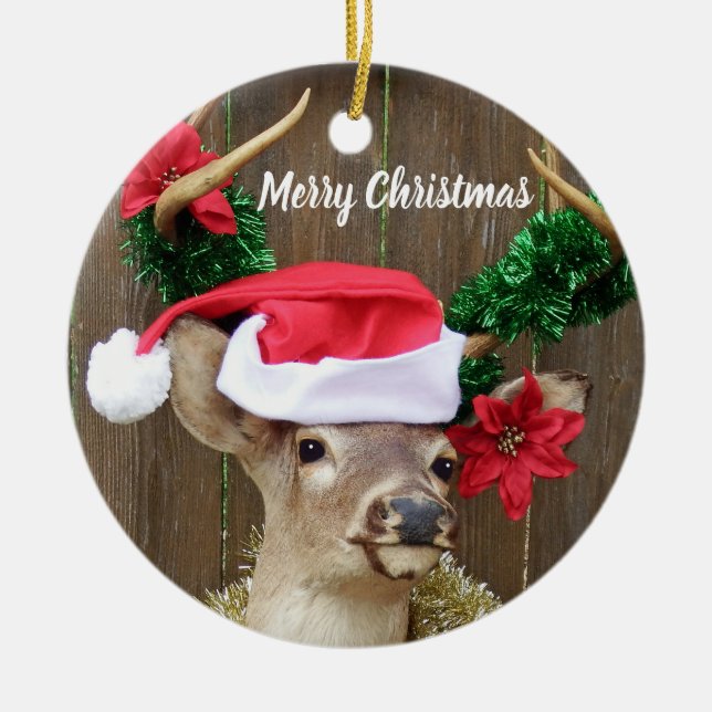 Funny Merry Christmas Buck Whitetail Deer Ceramic Tree Decoration (Front)