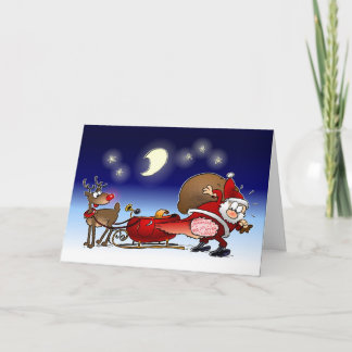 Funny Merry Christmas Cartoon Santa And Rudolph Holiday Card