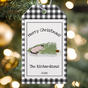 Funny Merry Christmas! Cat vs Tree B & W Gingham  Gift Tags
