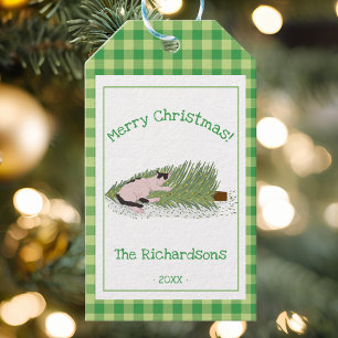 Funny Merry Christmas! Cat vs Tree Green Gingham Gift Tags