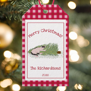 Funny Merry Christmas! Cat vs Tree Red Gingham  Gift Tags