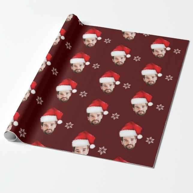 Funny Merry Christmas Custom Santa Face Burgundy Wrapping Paper (Unrolled)