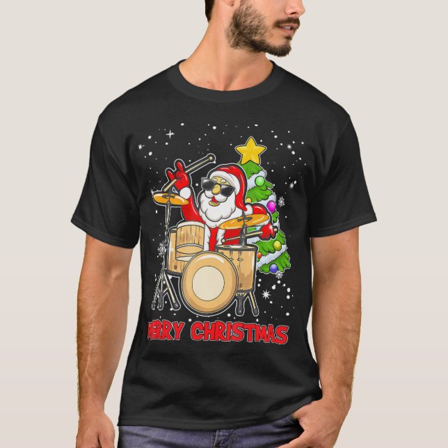 Funny Merry Christmas Drum And Santa Drummer T-Shirt (Front)