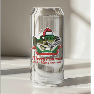 Funny Merry Christmas Fishmas Fishing Santa Fish Can Glass