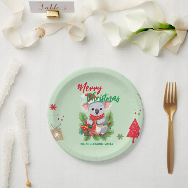 Funny merry christmas Koala Santa red and green Sc Paper Plate (Wedding)