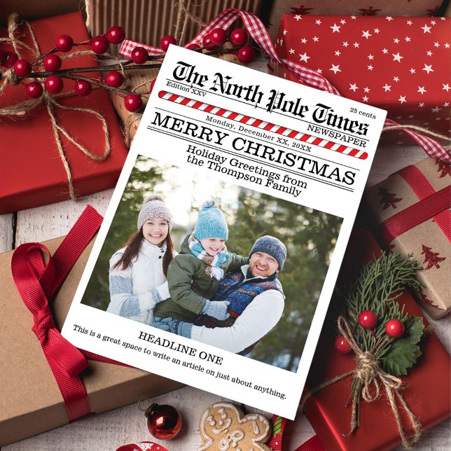 Funny Merry Christmas One Photo North Pole News Holiday Card (Christmas whimsical cute photo card with a fun Newspaper Style.)